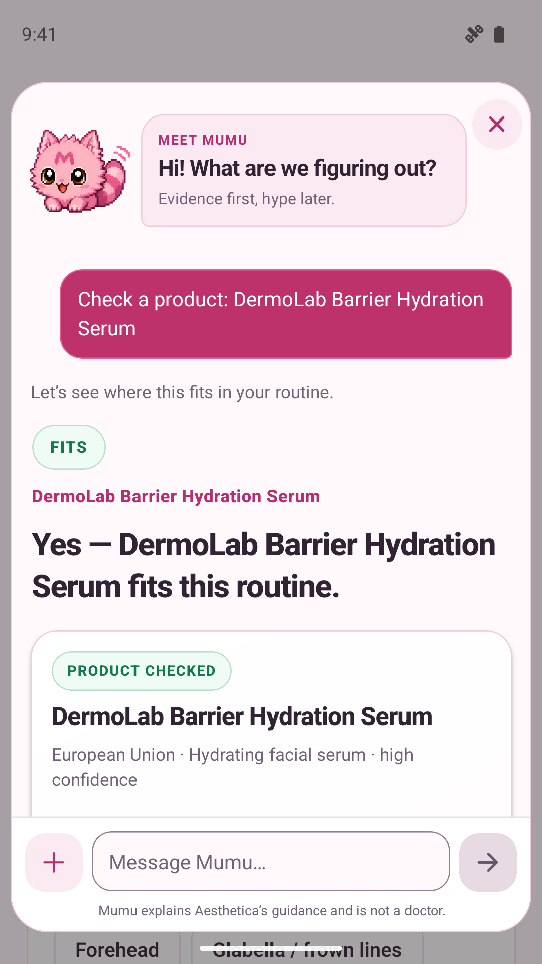 Mumu identifies a serum, gives a clear yes verdict, and presents ingredient evidence.