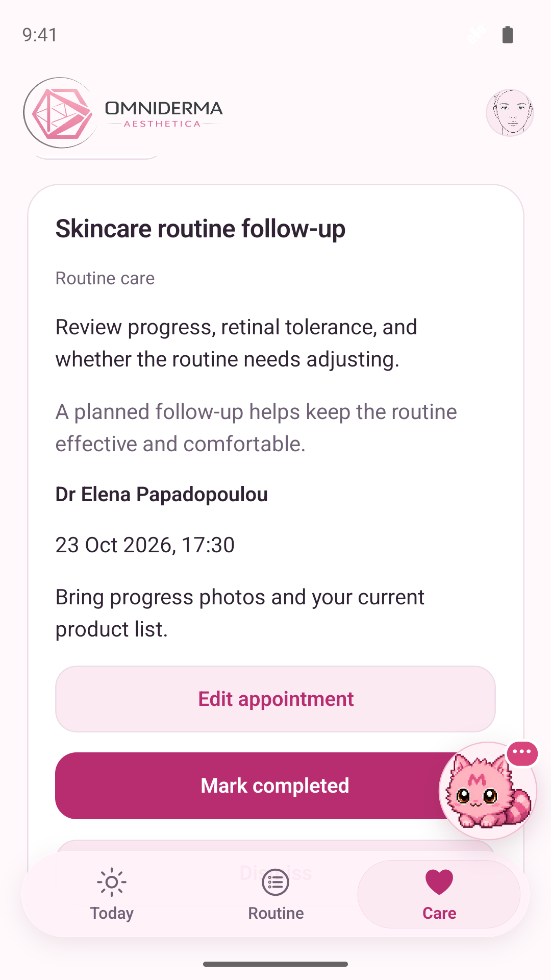 A care-plan appointment card connecting routine progress with professional follow-up.