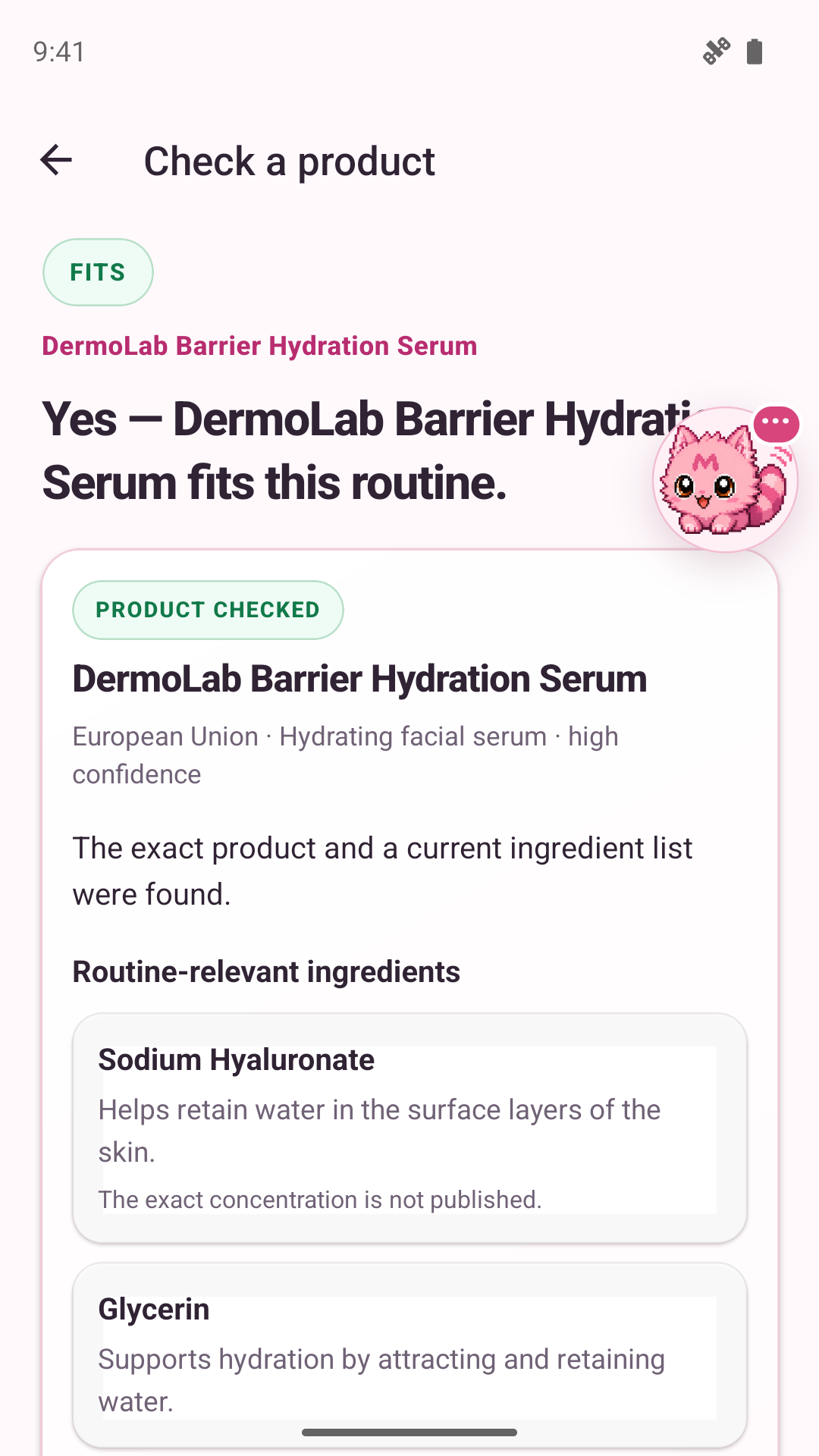 Aesthetica confirms a hydrating serum fits the saved routine and shows verified ingredients.