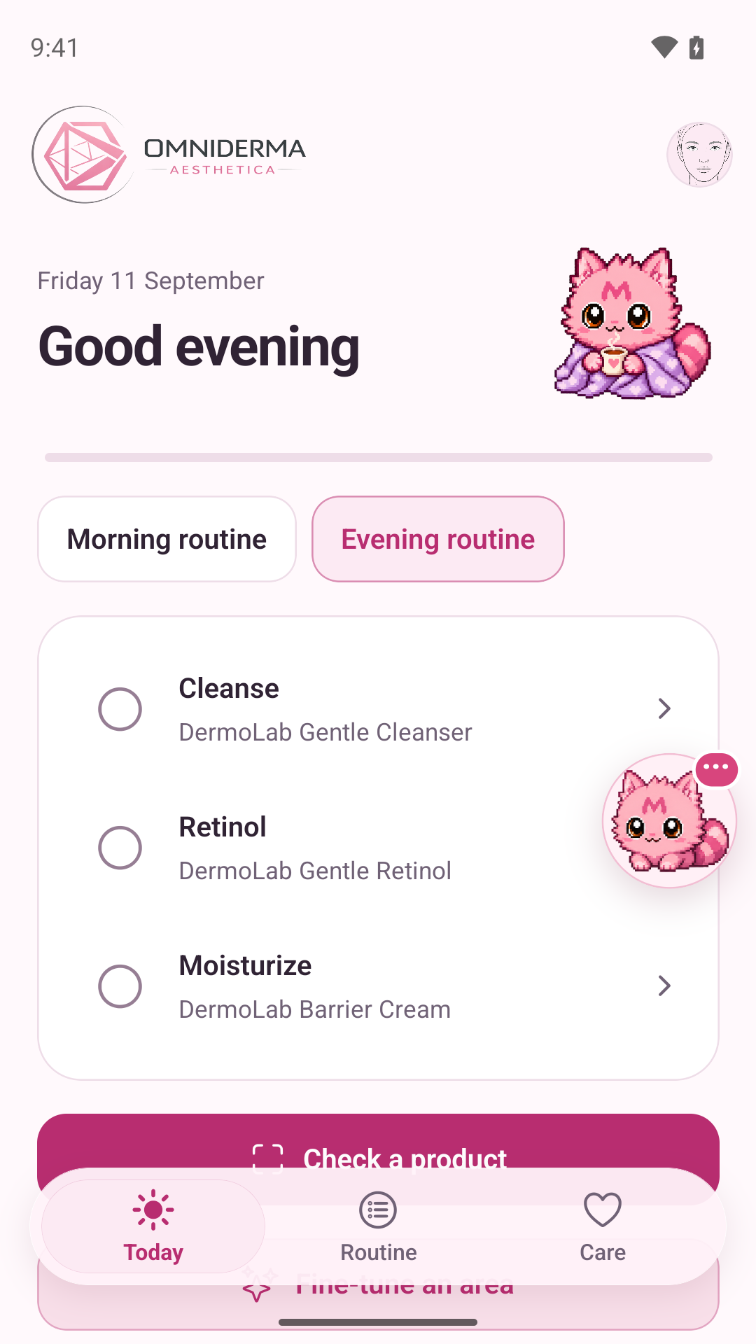 A personalized evening skincare checklist with cleanser, retinol, and moisturizer.